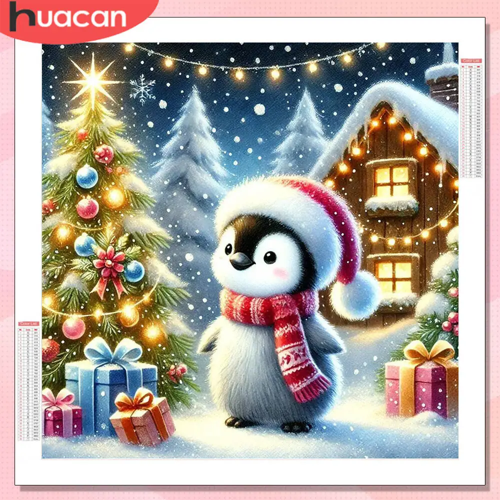 HUACAN Diamant-Gemälde, komplette Kits, Pinguin, Winterhaus, Wanddekoration, Diamant-Mosaik, Weihnachten, Strasssteine, Bilder