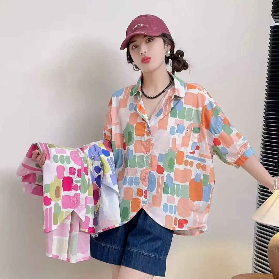 Plus size women clothes women's summer holiday shirt chubby woman harajuku fashion cotton geometric pattern shirts and blouses