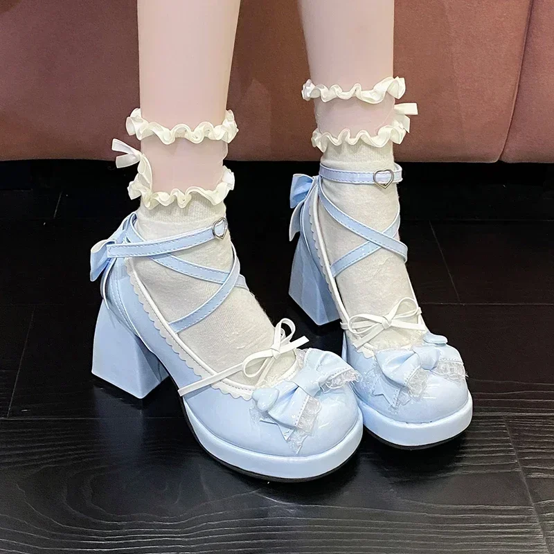 

Women Platform Lolita Shoes Bow Mary Janes Shoes Party High Heels Trend Kawaii Leather Shoes Lace Fashion Chunky Heeled Pumps