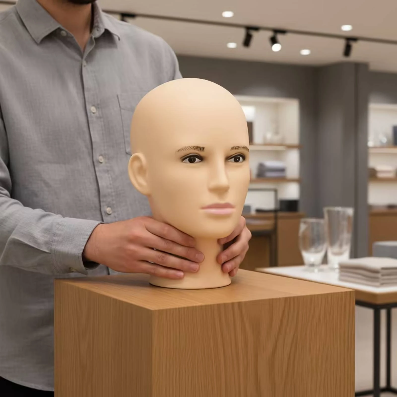 Bald Male Mannequin Head Realistic Male Mannequin Head Natural Skin-Tone Adult Size for Salons