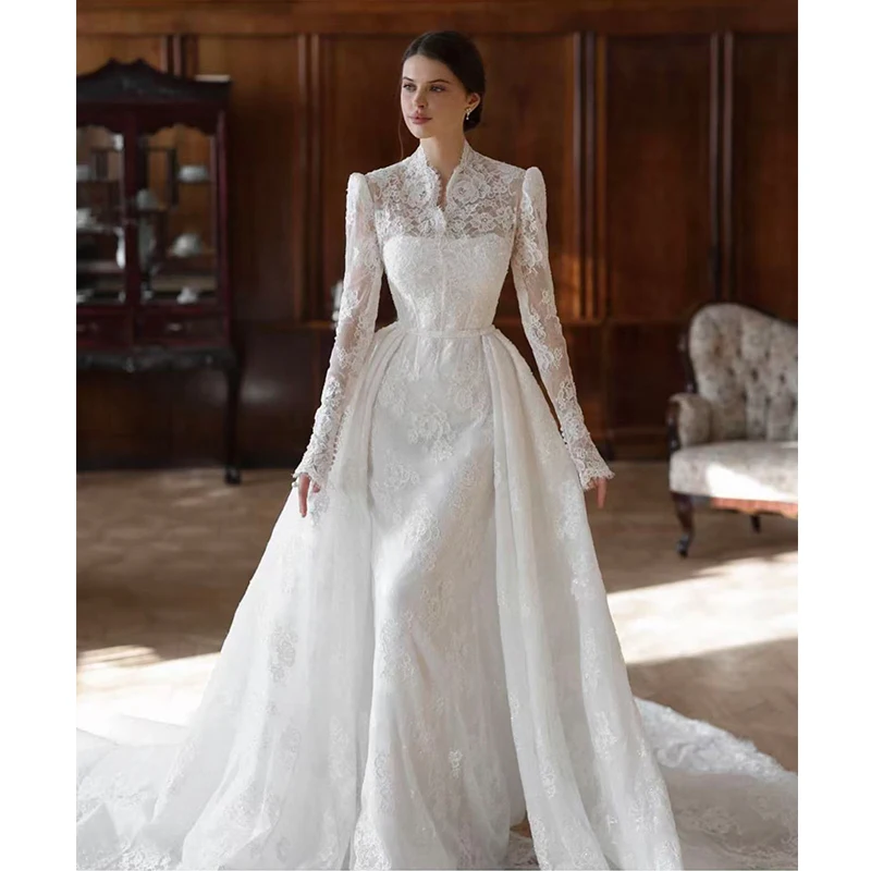 

Detachable Train Wedding Dress Organza With Embroidery Mermaid Ball Gown Full Sleeve High-Neck Customized Bride Vestido De Novia