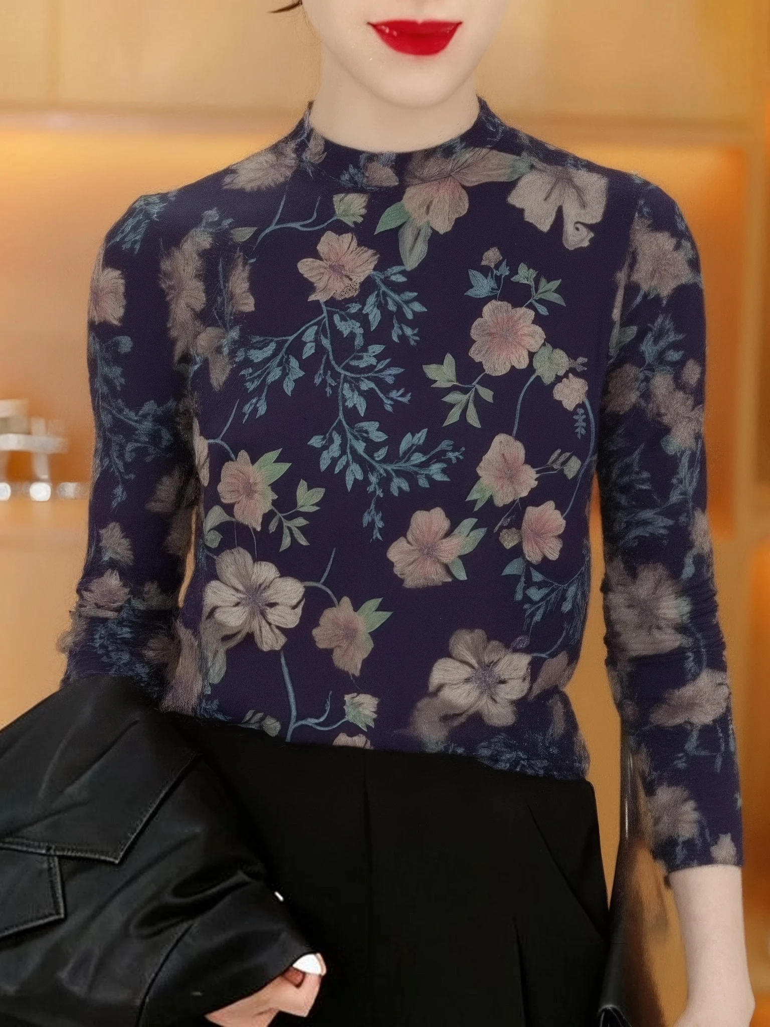 

Thickened Fleece Long Sleeve round Neck Print Base Shirt for Mom Fashionable plus Size Warm Casual Style Polyester Fiber T-Shirt