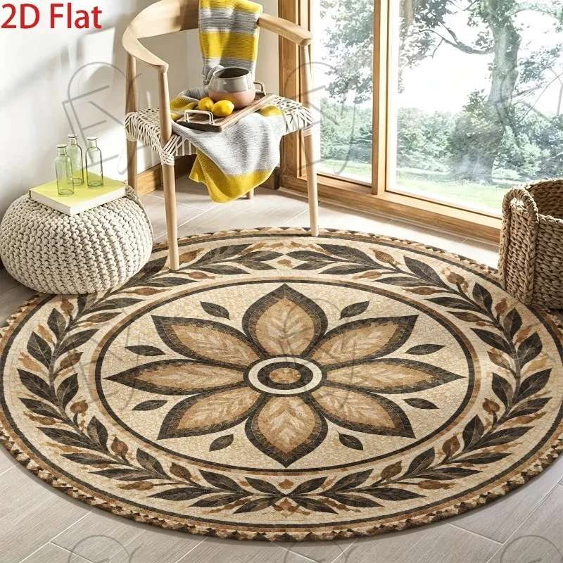 Vintage Mosaic Round Rug Retro Brown Leaf Border Circular Carpet for Living Room Mid Century Bedroom Country Home Soft Floor Mat