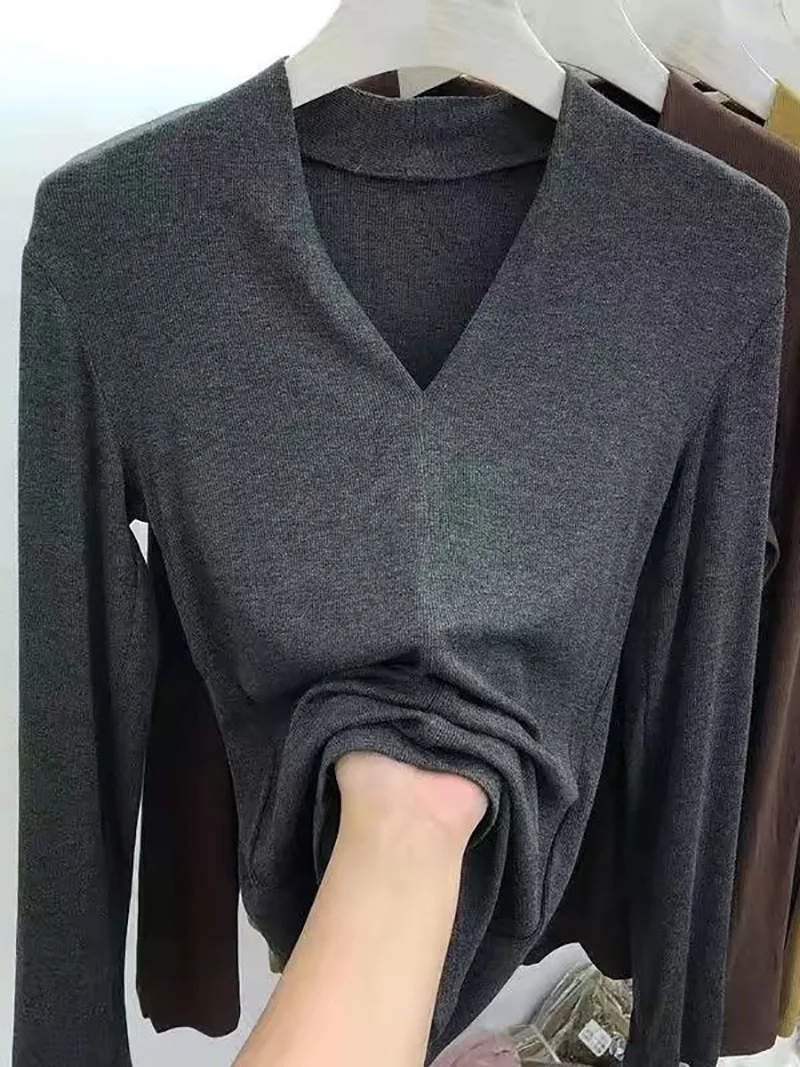 Nice Women's Clothing Woman 2025 Tees Tops Autumn V-neck Short Sleeved Slim Fit Slimming Elastic Pure Cotton Black T-shirt T-Shi