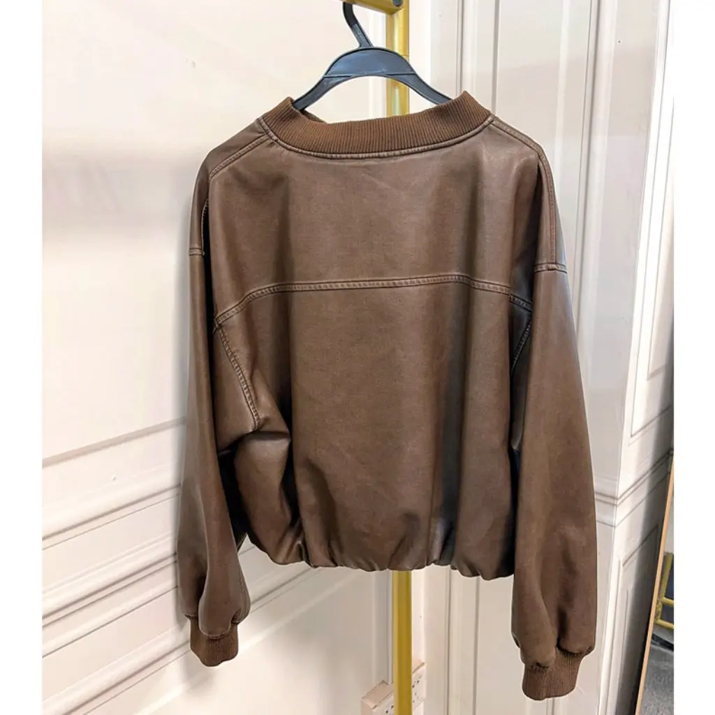 เสื้อแจ็คเก็ตหนัง PU สีน้ำตาลสำหรับผู้หญิง สไตล์วินเทจ แฟชั่นฤดูใบไม้ร่วงและฤดูหนาว เสื้อคลุมลำลองสำหรับสุภาพสตรี