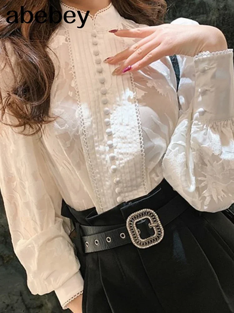 Korean Shirts For Women Stand Collar Puff Long Sleeve Patchwork Buttons Designer Oversized Loose Blouses Female 2022 New