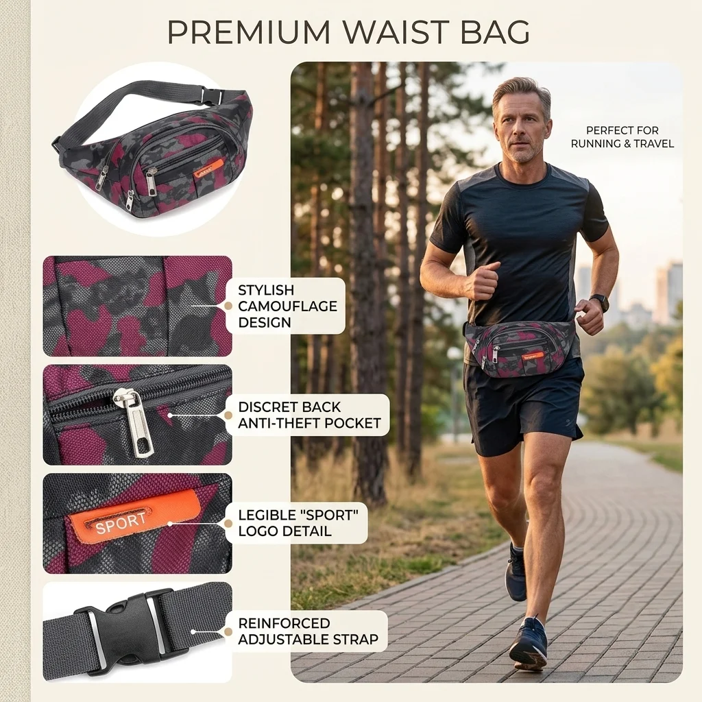 Camo Fanny Pack Waterproof Women Men Oxford Nylon Waist Bag Multi Pocket Tactical Crossbody Chest Pouch Hiking Cycling