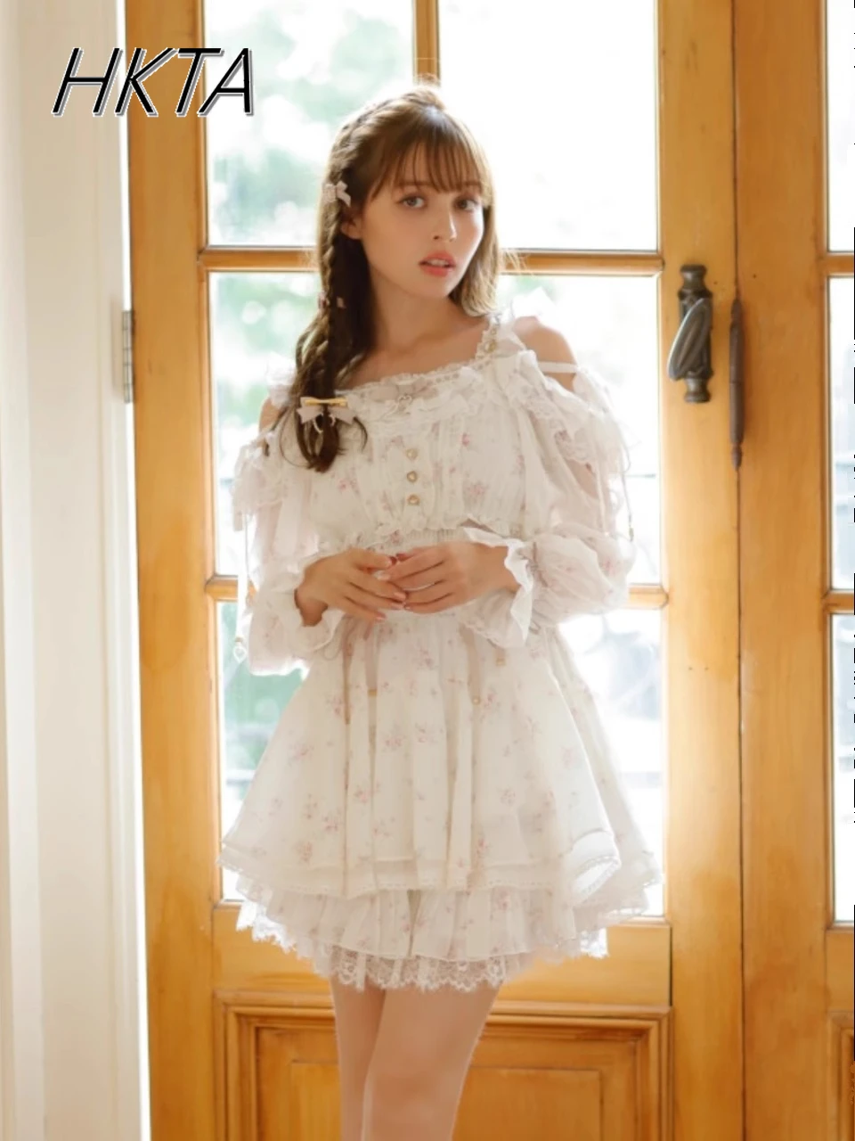 اليابانية الحلو الأزهار الشيفون الحمالة فستان مجموعة تي شيرتات قصيرة للأطفال التعدين الإنتاج الشامل ليز فستان السراويل قطعتين مجموعات الملابس النسائية