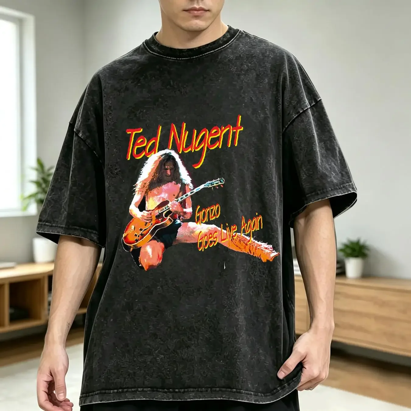 washed T Shirt Ted Nugent Black  Men  vintage Washed Soft Breathable Unisex streetwear Stylish fashion Casual Versatile