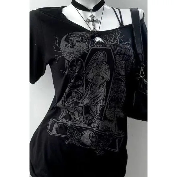 Spring and Summer Women's Millennium Black Light Asian Style Punk Rock Slimming Off-Shoulder Spliced Tank Top Short Sleeve Shirt