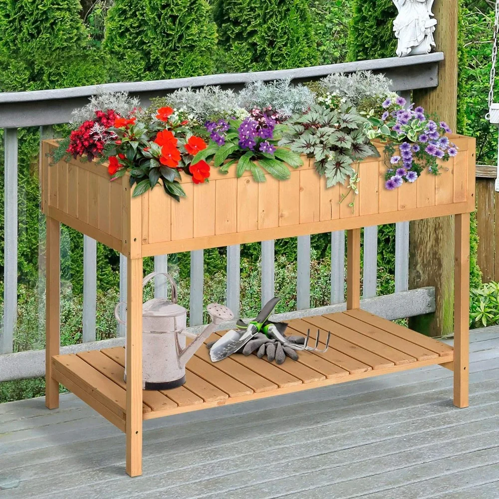 Planters Raised Garden Bed with 8 Pockets and Shelf, Wooden Elevated Planter Box , Natural Flower Pots