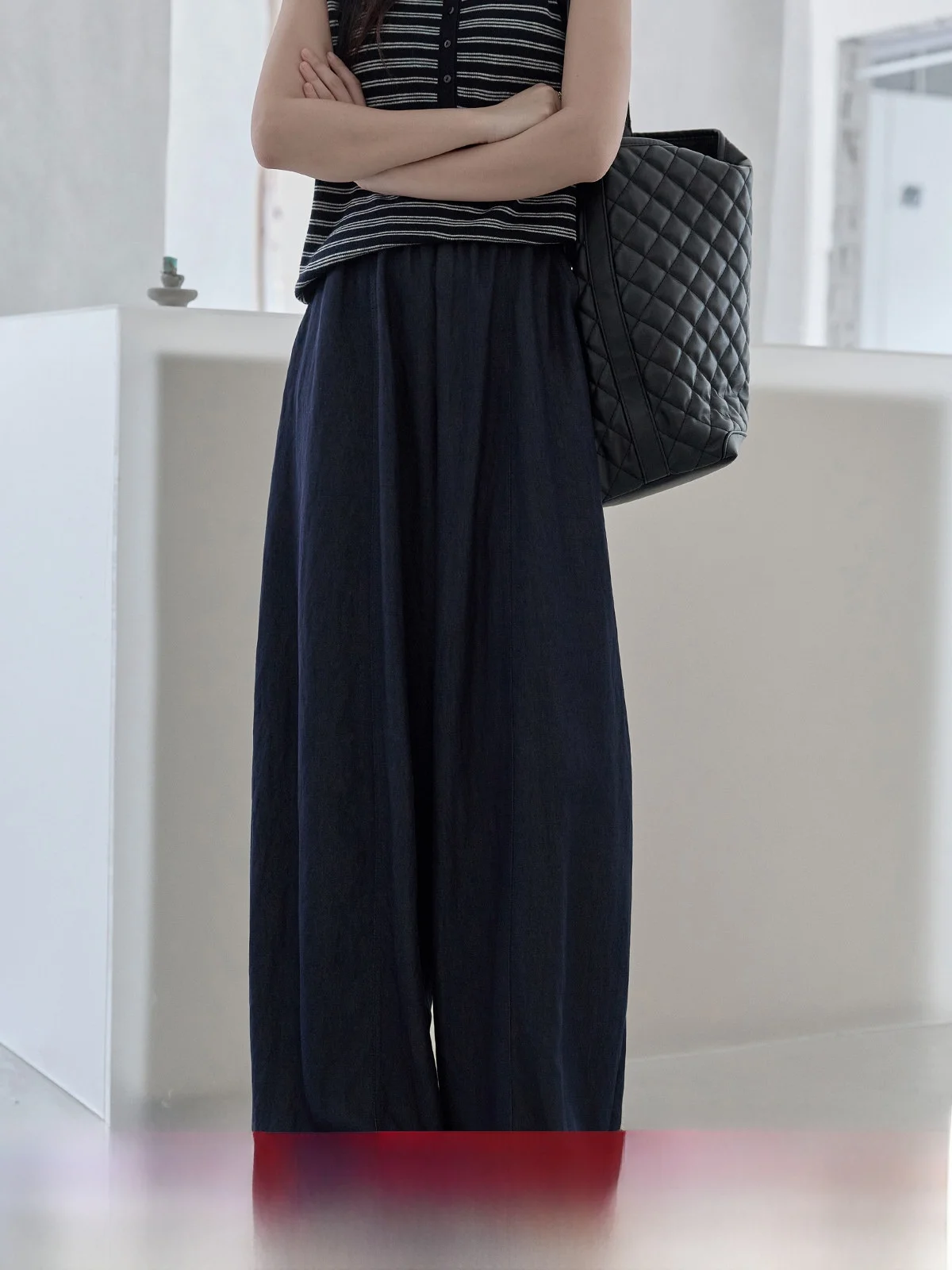 

Deep Blue Casual Pants Women's High Waist Pleated Loose Slimming Summer New Style Commute Korean Style Simple Pure Color