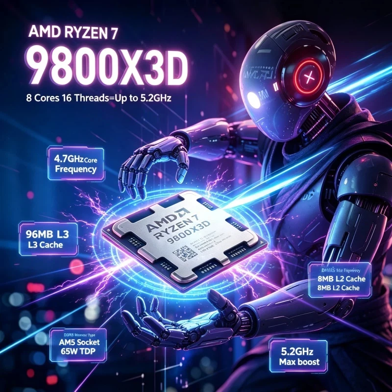 AMD Ryzen 7 9800X3D Fast Gaming Processor 8 Core 16 Thread 96MB L3 Cache AM5 DDR5 4nm 120W Desktop CPU for PC Gaming
