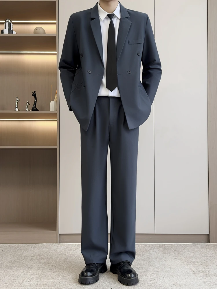 

Busin Casual Double-breasted Loose Men's Suit Wedding omsmen Outfit Blue ay Formal Western Wear Polyester Fiber