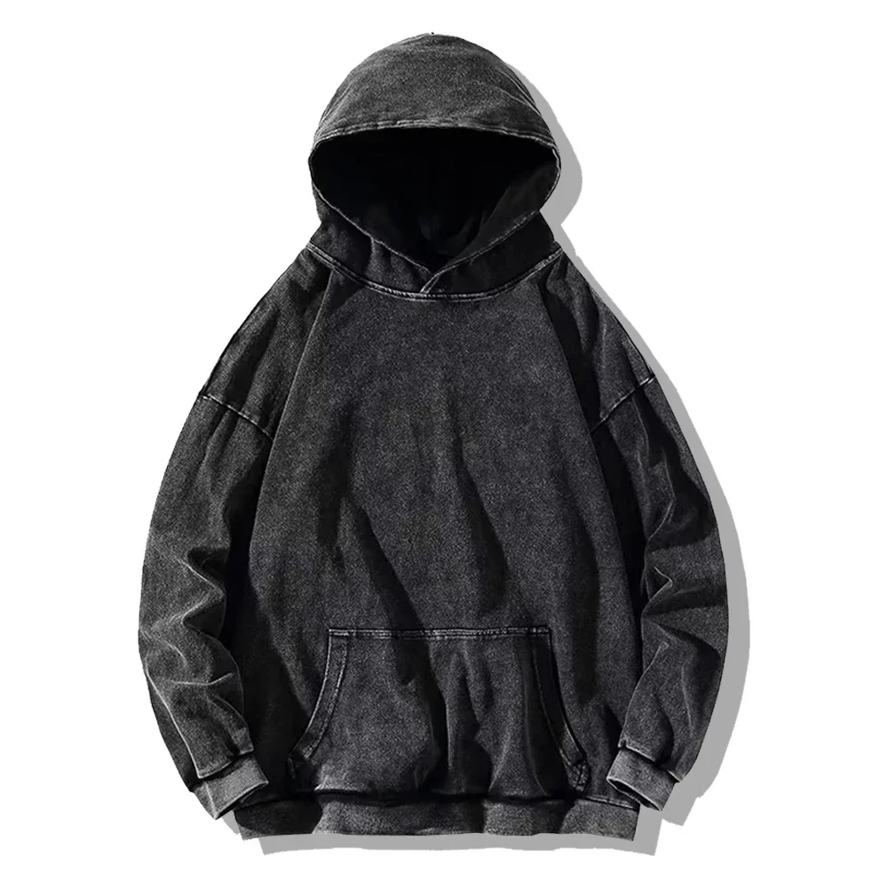 Vintage Washed Sweatshirts for Men and Women, Hip Hop Streetwear, Cotton Pullover, Black Oversized Hoodie, Long Sleeve Hoodie