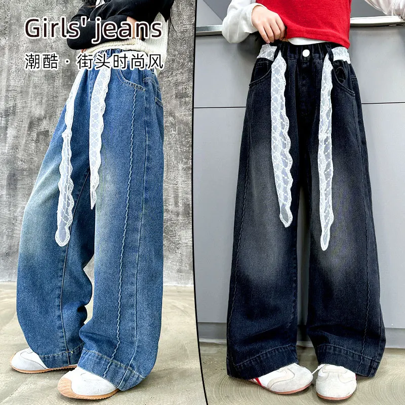 

Детские весенне-осенние джинсы с кружевным поясом, детские уличные модные прямые свободные широкие джинсовые брюки для подростков, стильные брюки для девочек