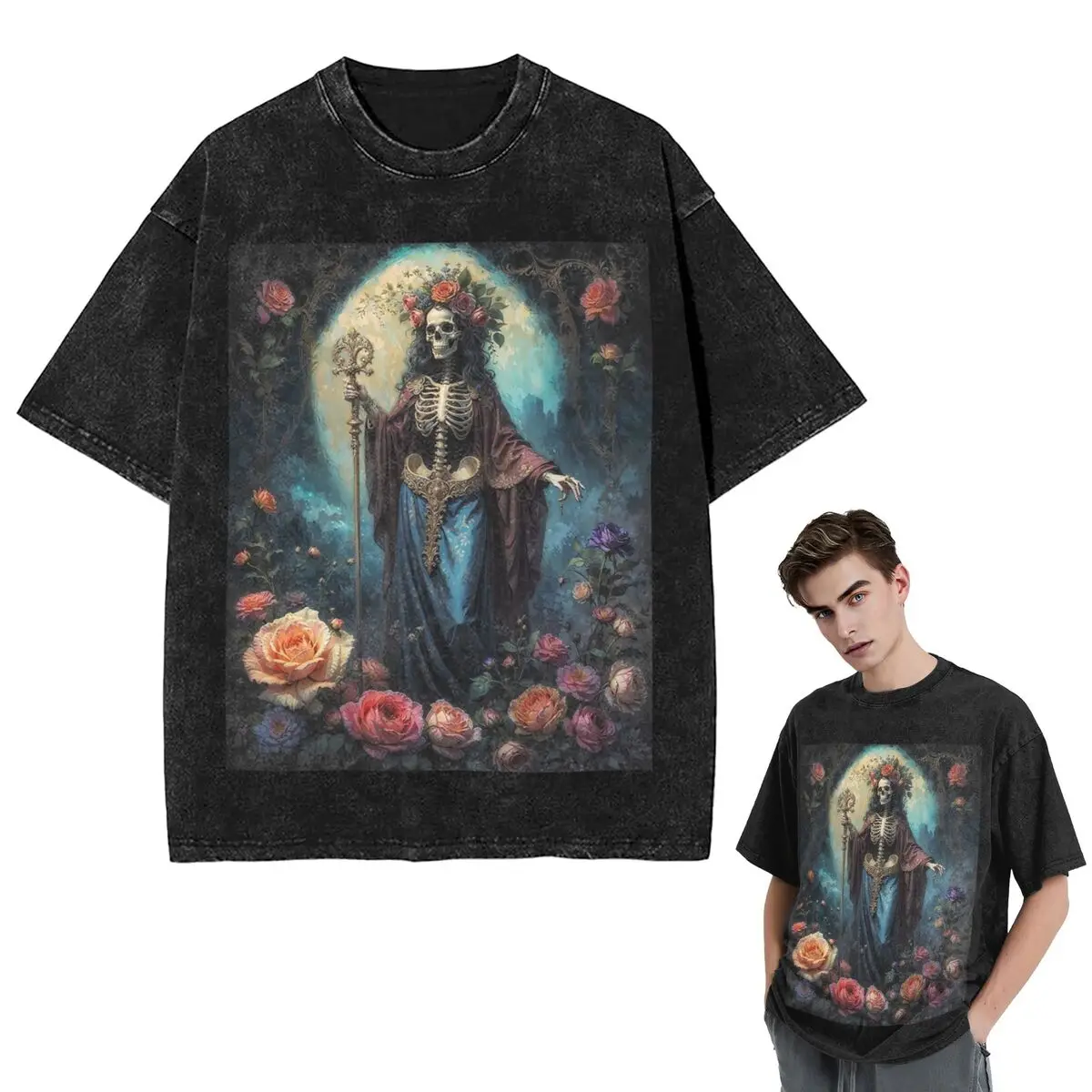 

Уличная одежда, футболки Santa Muerte, испанская стираная футболка с короткими рукавами, футболка в стиле хип-хоп, топы, футболки для мужчин и женщин