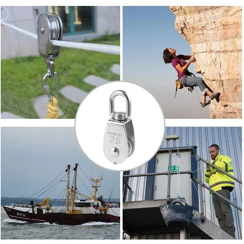 

LICE-6 Pack M25 Lifting Single Pulley Roller,304 Stainless Steel Single Wheel Swivel Lifting Rope Pulley Block For Wire Rope