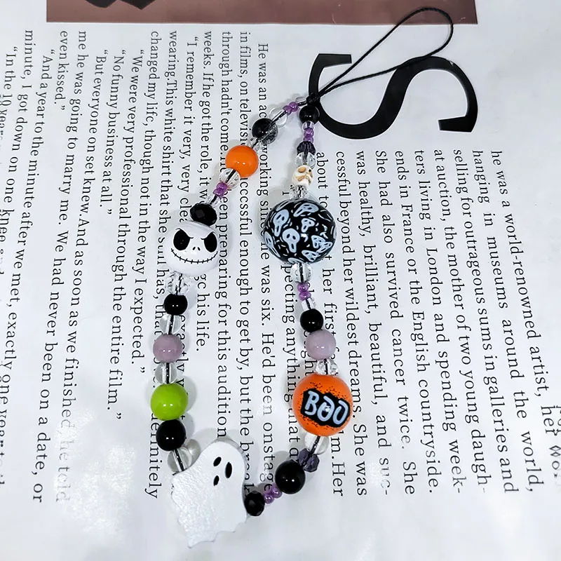 Corrente de Halloween para mulheres, Ghost Face Charm, cordão de celular, madeira laranja preta, jóias Boo Bead, pulseira chaveiro presentes