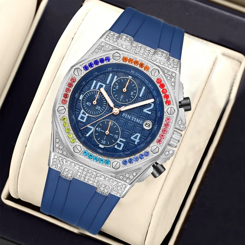 PINTIME New Rainbow Diamond Inlaid Men's Watch European And American Business And Leisure Style Men's Waterproof Quartz Watch