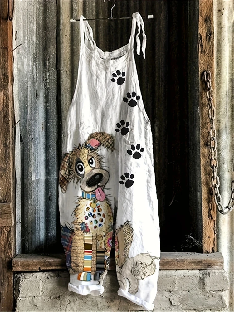 

New Summer Women's Jumpsuit Cartoon Dog Print Fashion Cute Casual Jumpsuit Women's Parent-Child Outdoor Travel Lace-Up Jumpsuit