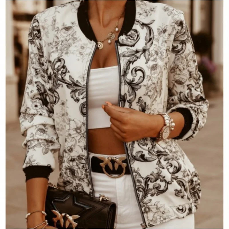 

Women's Slim Fit Printed Cropped Jacket - Long Sleeve Floral Outerwear for Fall and Winter Seasons