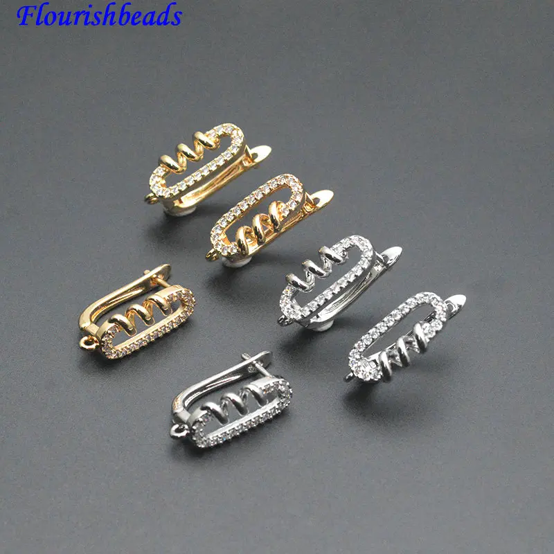 

30 шт., новый дизайн, овальный квадратный пружинный металлический латунный крючок для сережек с фианитом, застежки для ювелирных изделий