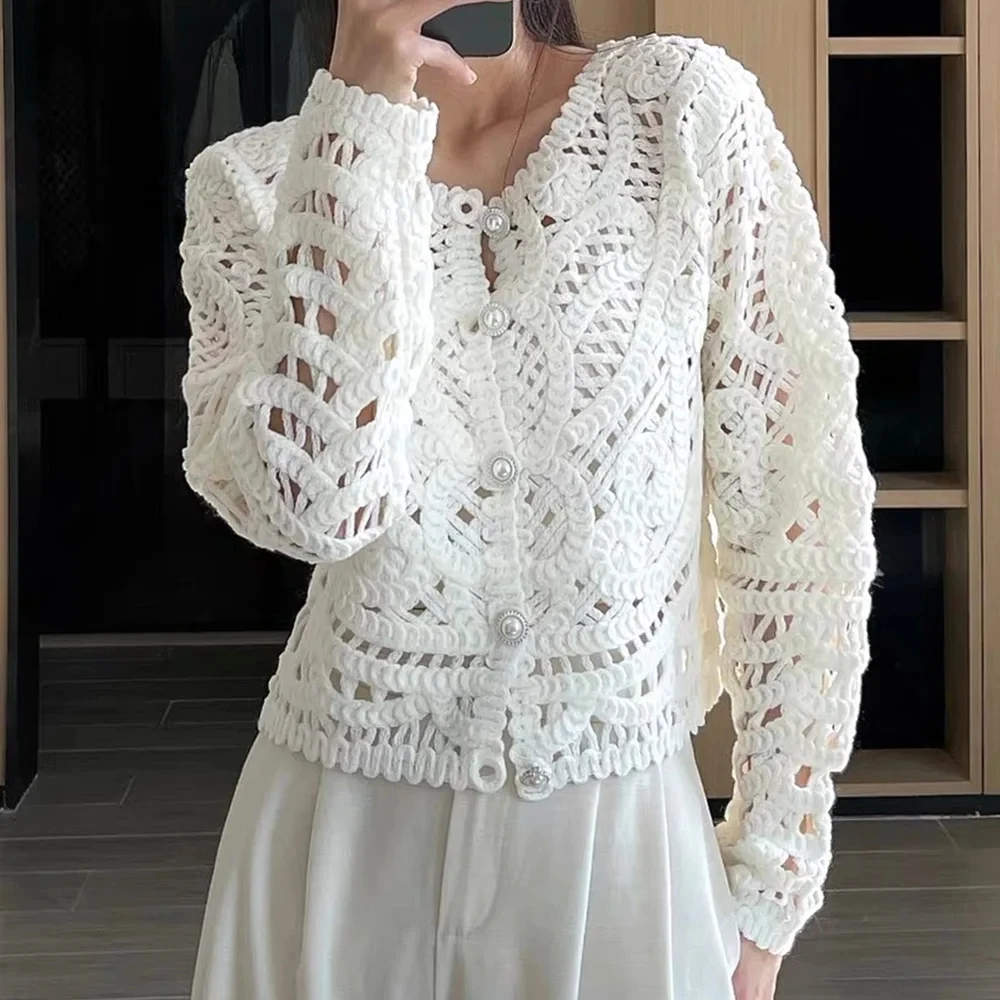 

2025 белый вязаный крючком кардиган с отверстиями, винтажный женский однобортный свитер с длинными рукавами и пуговицами, короткий трикотажный джемпер