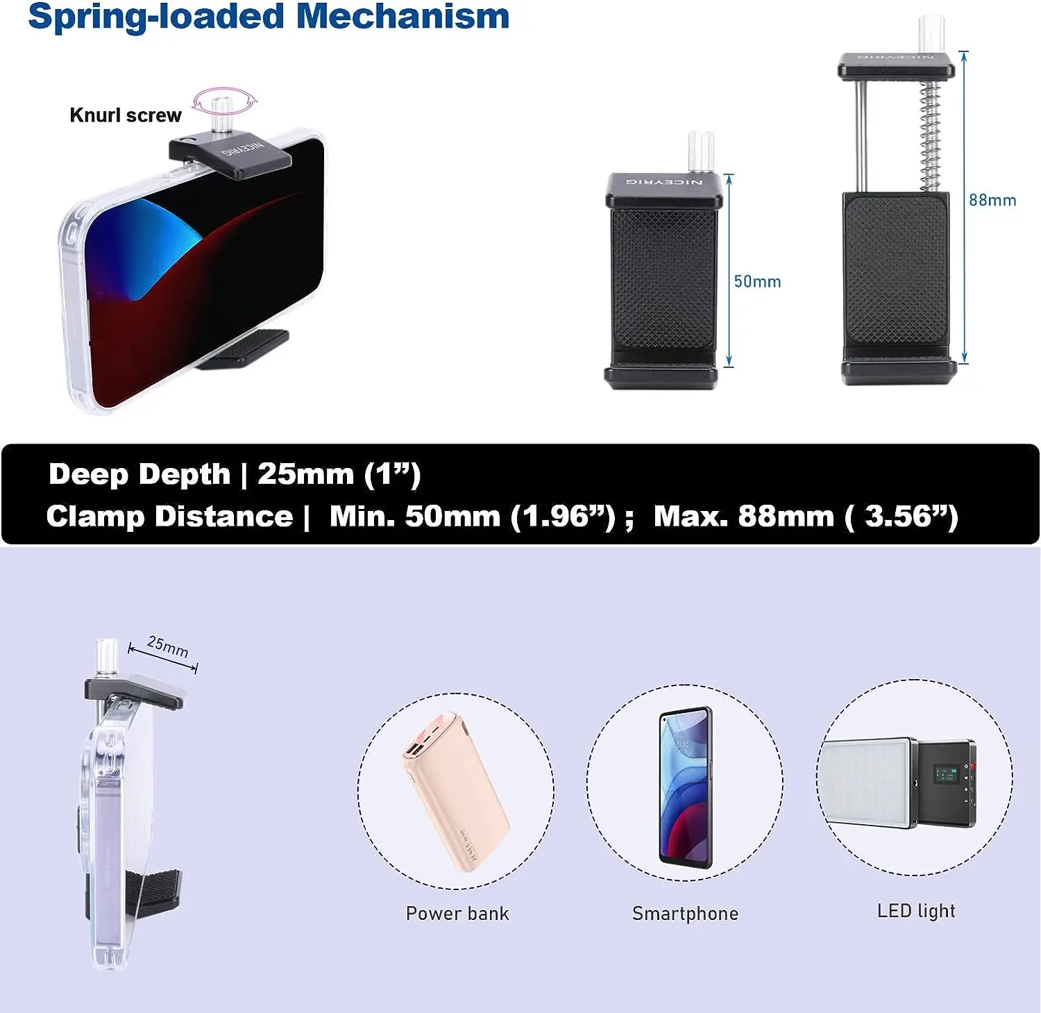 NICEYRIG Aluminiowy uchwyt na powerbank do DJI RS 2/RS 3/RS 3 Pro/RS5, uniwersalny, przenośny uchwyt na ładowarkę o szerokim zakresie szerokości 50 mm - 88 mm — zdjęcie produktu 2