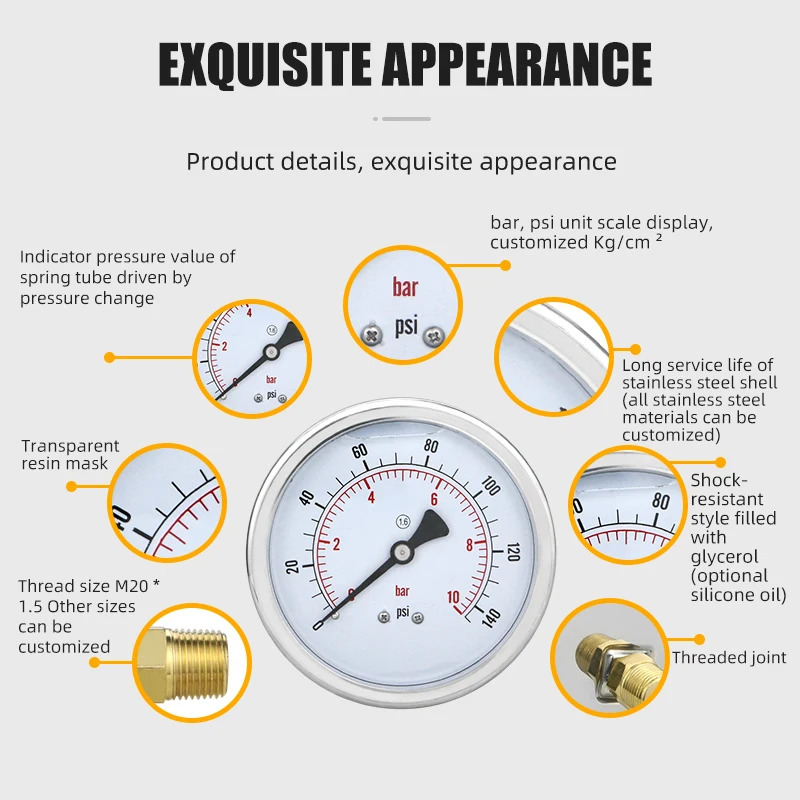 MAIRUIKESI 100mm Pressure Gauges  Axial Connection Installation -1...0...600bar/psi Applicable To Air, Gas, Water, Fuel Liquid