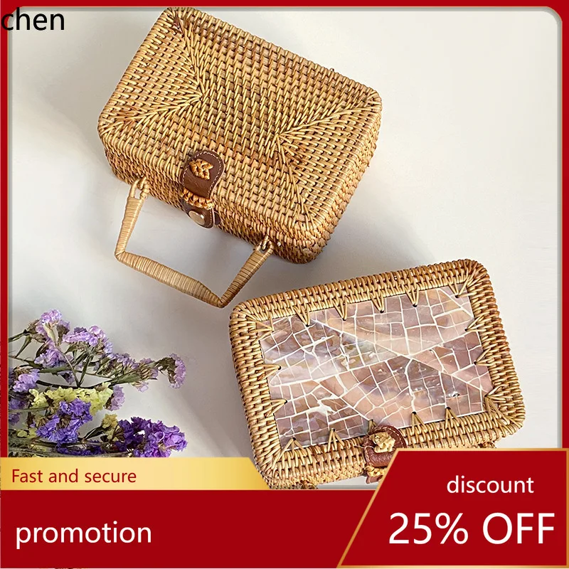 YFY Rattan Woven Crossbody Mini Bag Vintage Light Luxury Artistic Handmade Woven Shoulder Bag with Leather Buckle