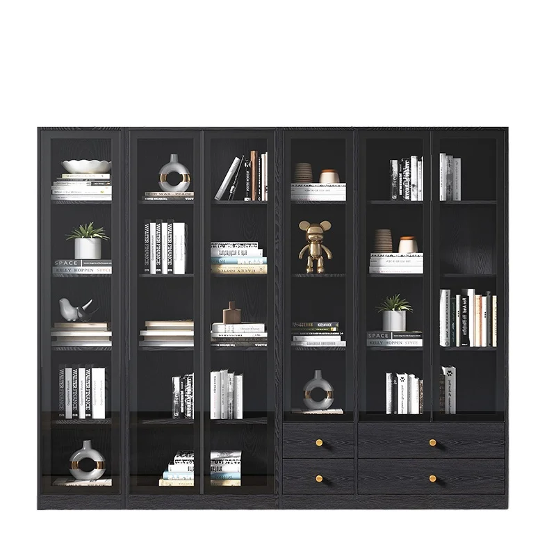 

Glass door bookcase solid wood modern simple office free combination bookshelf floor against the wall wabi sandy wind