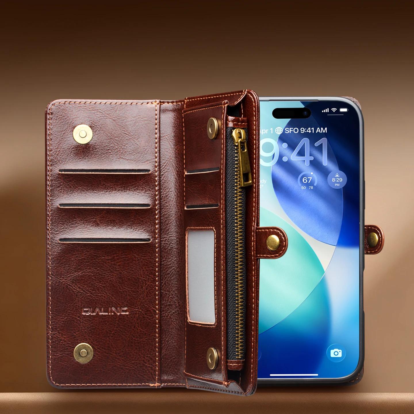 QIALINO 2in1 Magnetic Removable Multifunctional Genuine Leather Case for iPhone 18 17 Pro Max Crossbody Lanyard Wallet Cover