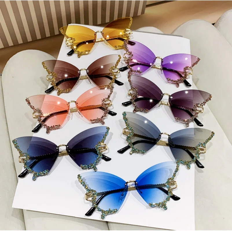 Fashion Sparkling Rhinestone Rimless Butterfly Sunglasses Y2K Women Luxury Brand Vintage Sun Glasses Ladies Eyewear gafas de sol