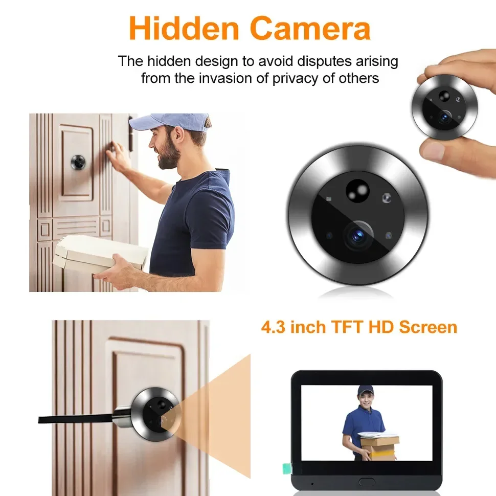 Telecamera per porta con sensore automatico intelligente 1080P Videocitofono per controllo accessi digitale grandangolare da 4,3 pollici Wifi Cat Eye elettronico