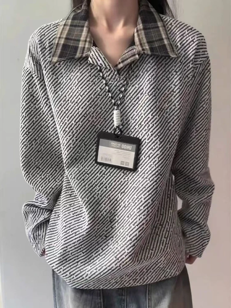 

Deeptown Gray Vintage Striped Women Fake Two Piece Sweatshirts Plaid Polo Collar Korean Fashion Pullovers Loose Old Money Casual