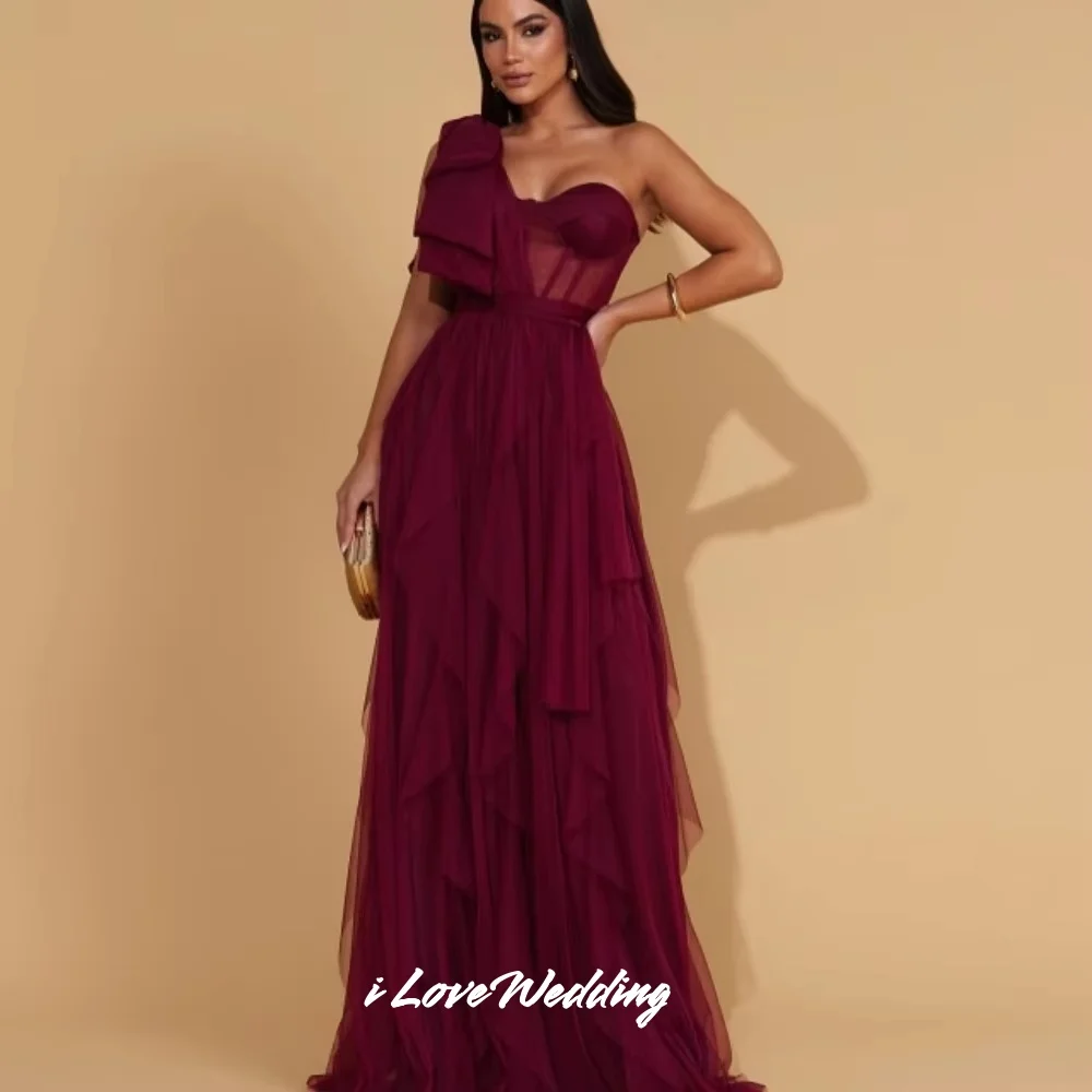 Синее вечернее платье на одно плечо 2025 с бантом в форме сердца, без рукавов, с открытой спиной, трапециевидной формы длиной до пола, плиссированное свадебное платье по индивидуальному заказу