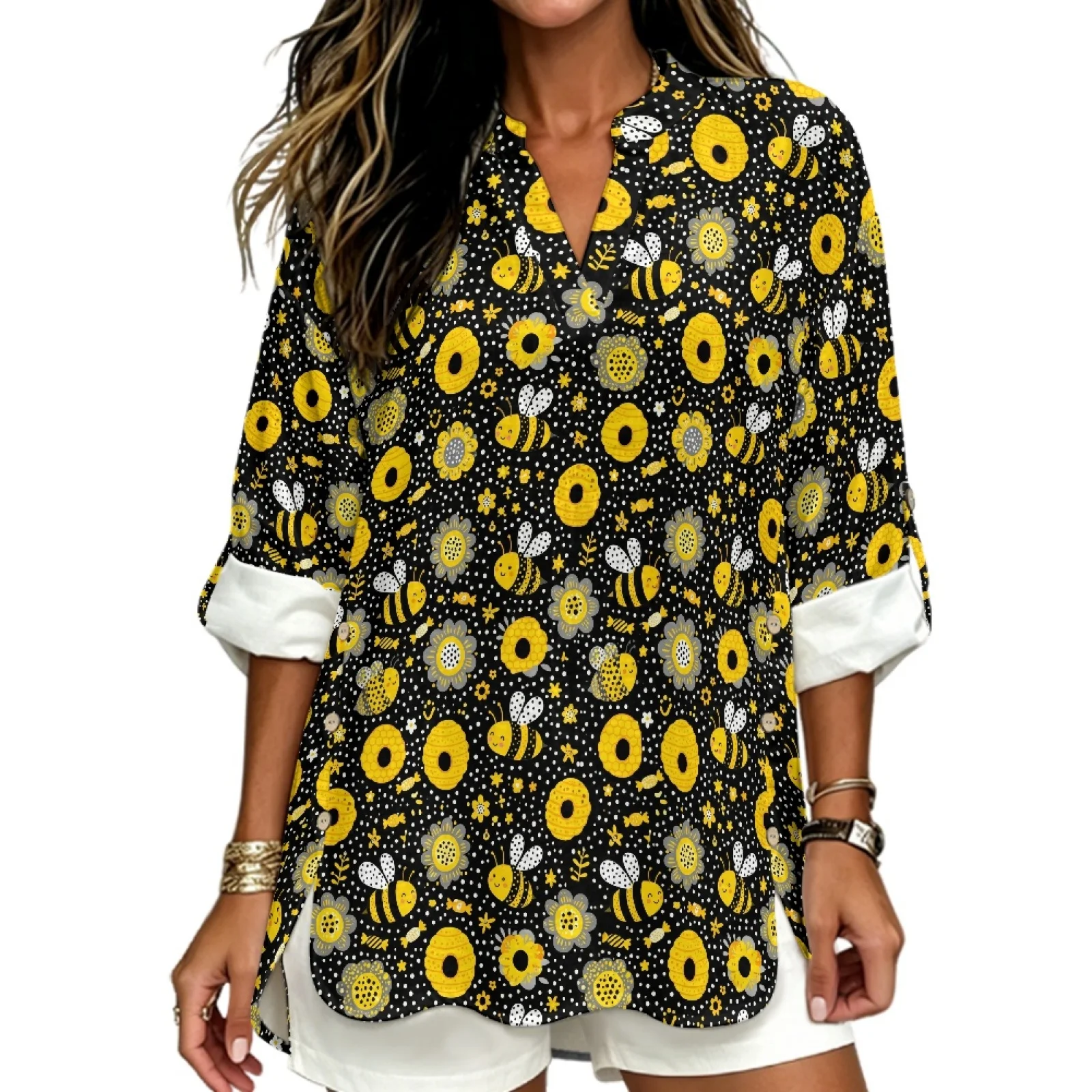 PENSTROLL Honey Bee Sunflower Print Linen-Like Causal Shirt Women's Long Sleeve Shirts for Ladies Curved Hem Women's Blouse