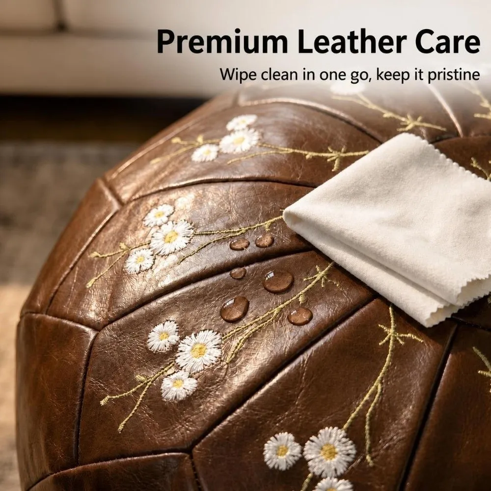 New Unstuffed Pouf Ottoman PU Leather Fillable Round Pouf Cover Large Opening Daisy Embroidery Footstool Cover Home Use