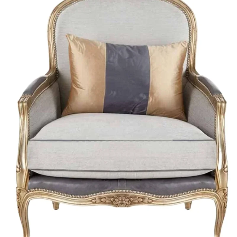 

American solid wood carving flower single sofa, living room oak retro fabric casual sofa chair