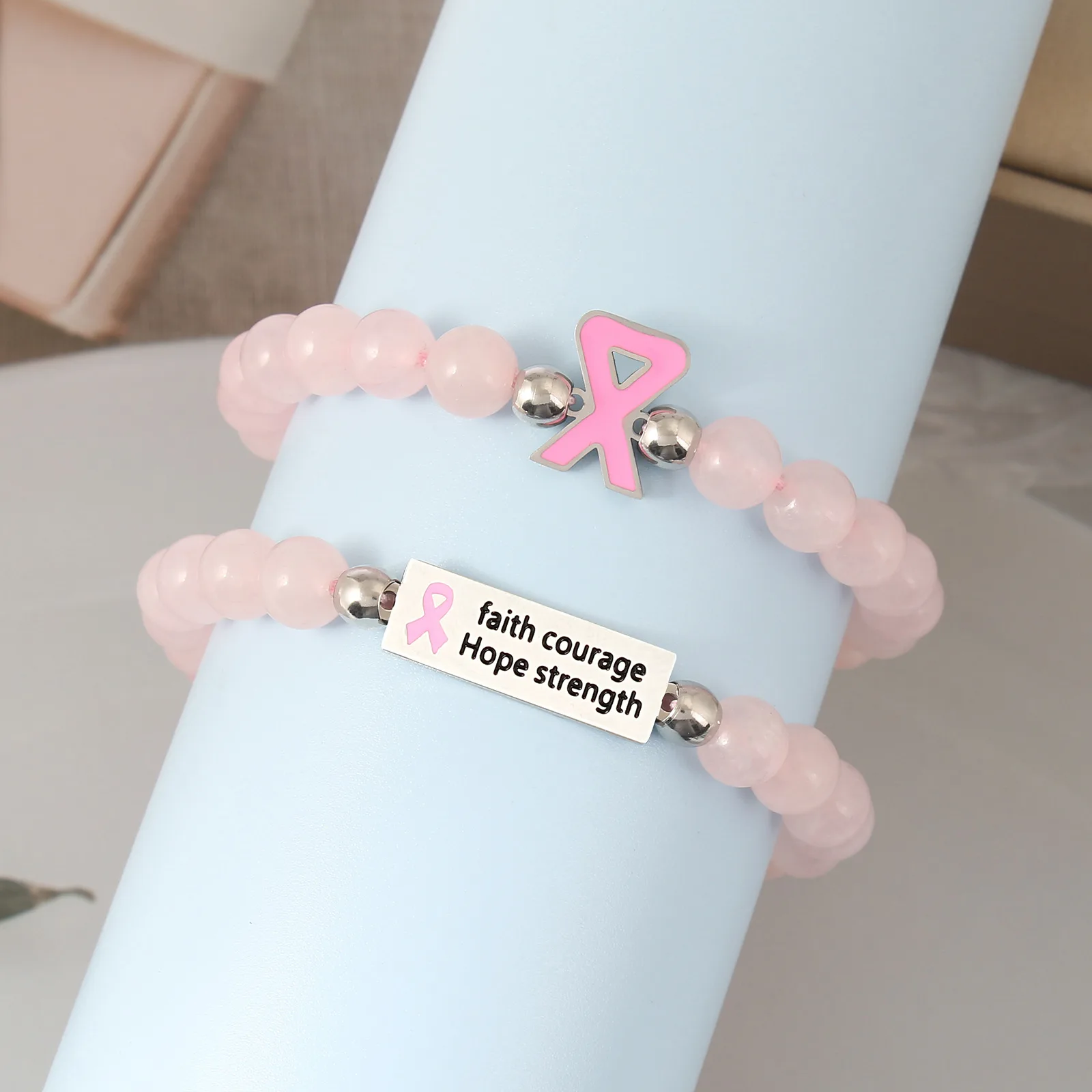 New Arrival Breast Cancer Awareness Jewelry White Pink Opal Beaded Bracelet Breast Cancer Pink Ribbon Charm Bracelets&Bangles