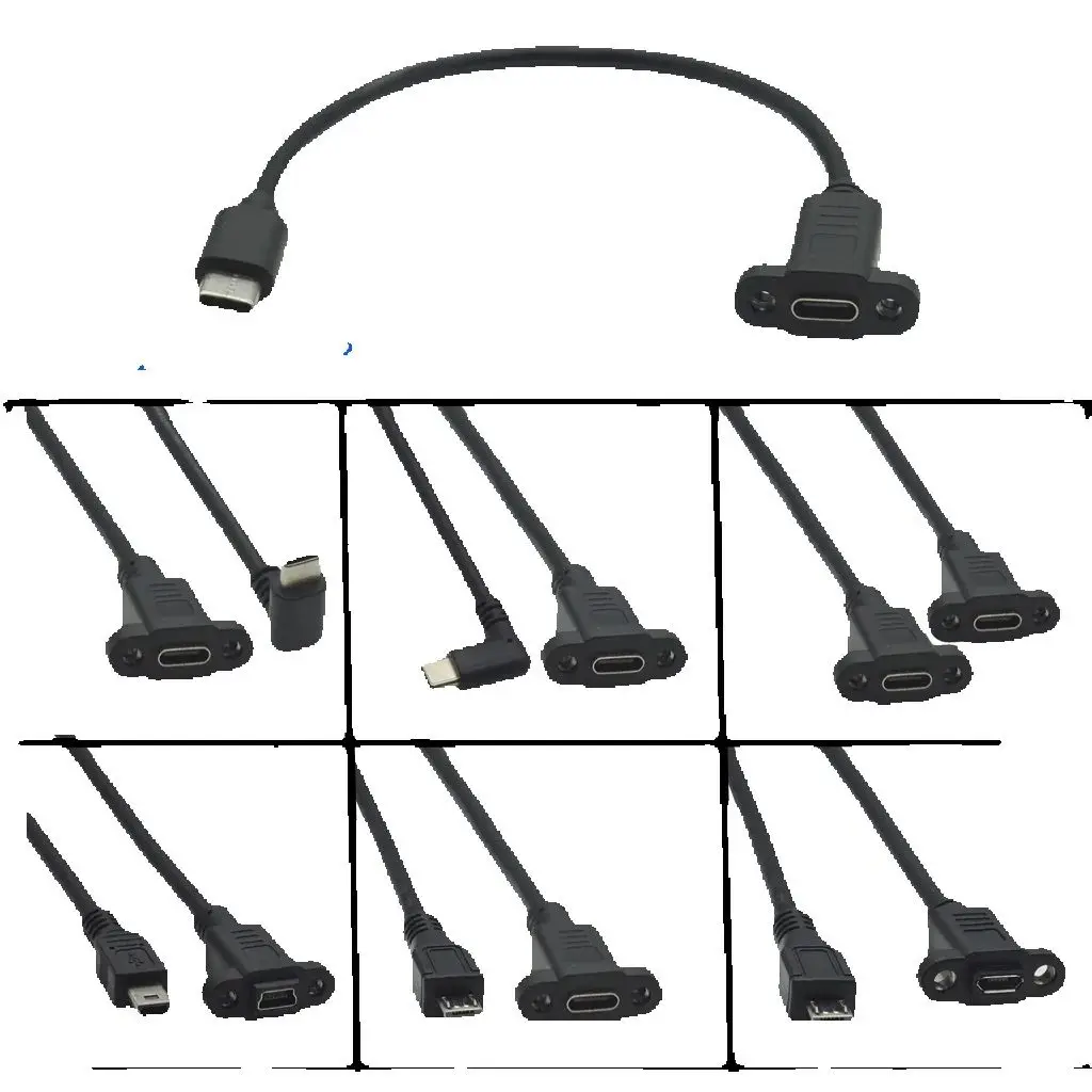Kabel przedłużający Micro USB Type-C USB 2.0 męski na Mini USB Type-C żeński 5-pinowy, raster 17 mm, z otworami do montażu panelowego na śruby. — zdjęcie produktu 5
