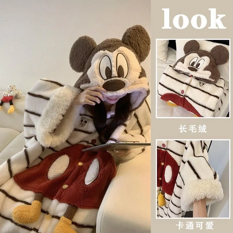 ديزني لطيف ميكي منامة مقنعين الكرتون ثوب النوم لينة المرجان الصوف سميكة المنزل مريحة الخريف الشتاء الدافئة ملابس خاصة #1