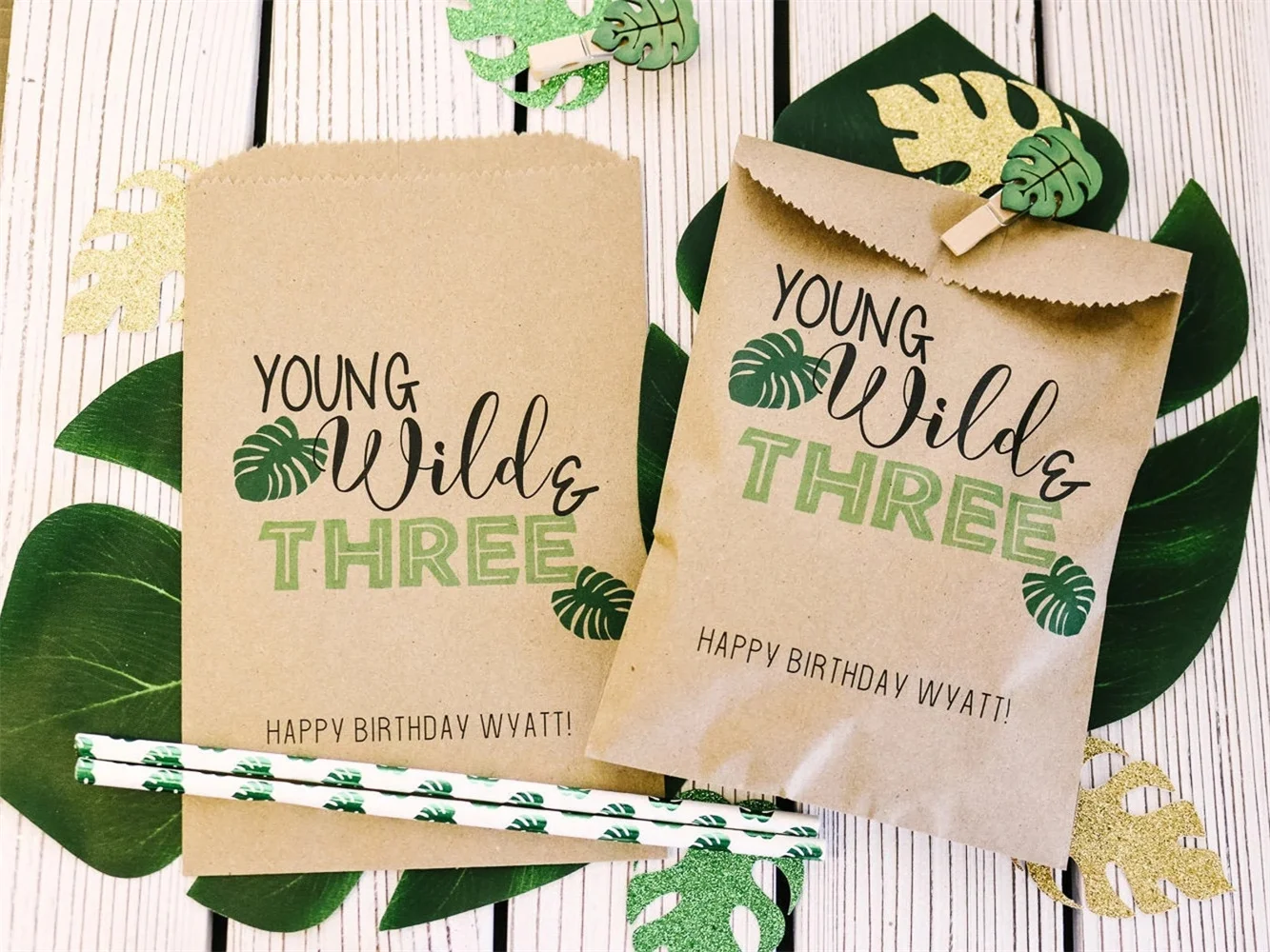 

50 Wild Birthday Party Favor Bags | Treat Bags for Safari Jungle Party | Young Wild and Three Birthday Party Favors and Stickers