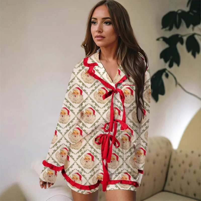 

Elegant Pajama Set, Satin Printed Ruffle Pajama Set, Tie Front Floral Satin Pajama Set, Christmas Ruffle Tie Sleepwear Luxe