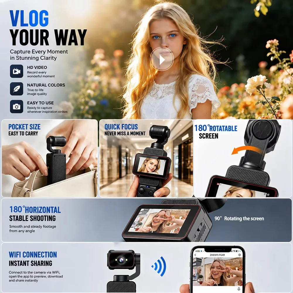 New 1080P Action Camera Handheld 180° Automatic Rotation Lens 1.97'' Screen Video Recorder Outdoor Sports Pocket Vlog Camcorder
