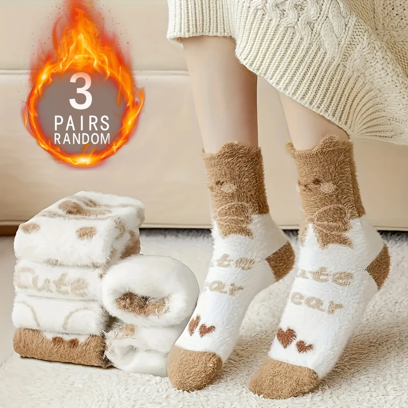 3 Pairs Of Autumn And Winter Thick Women's Mink Fur Cute Cartoon Letter Teddy Bear Versatile And Comfortable Warm Woolen Socks