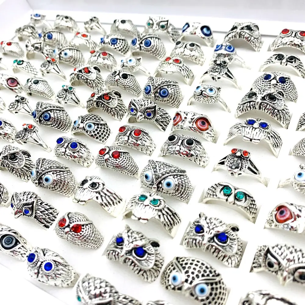 Mixmax-خواتم بومة عتيقة للرجال والنساء ، مجوهرات حفلات البانك ، عيون متعددة الألوان ، نمط فضي ، تصميم الأزياء ، 20