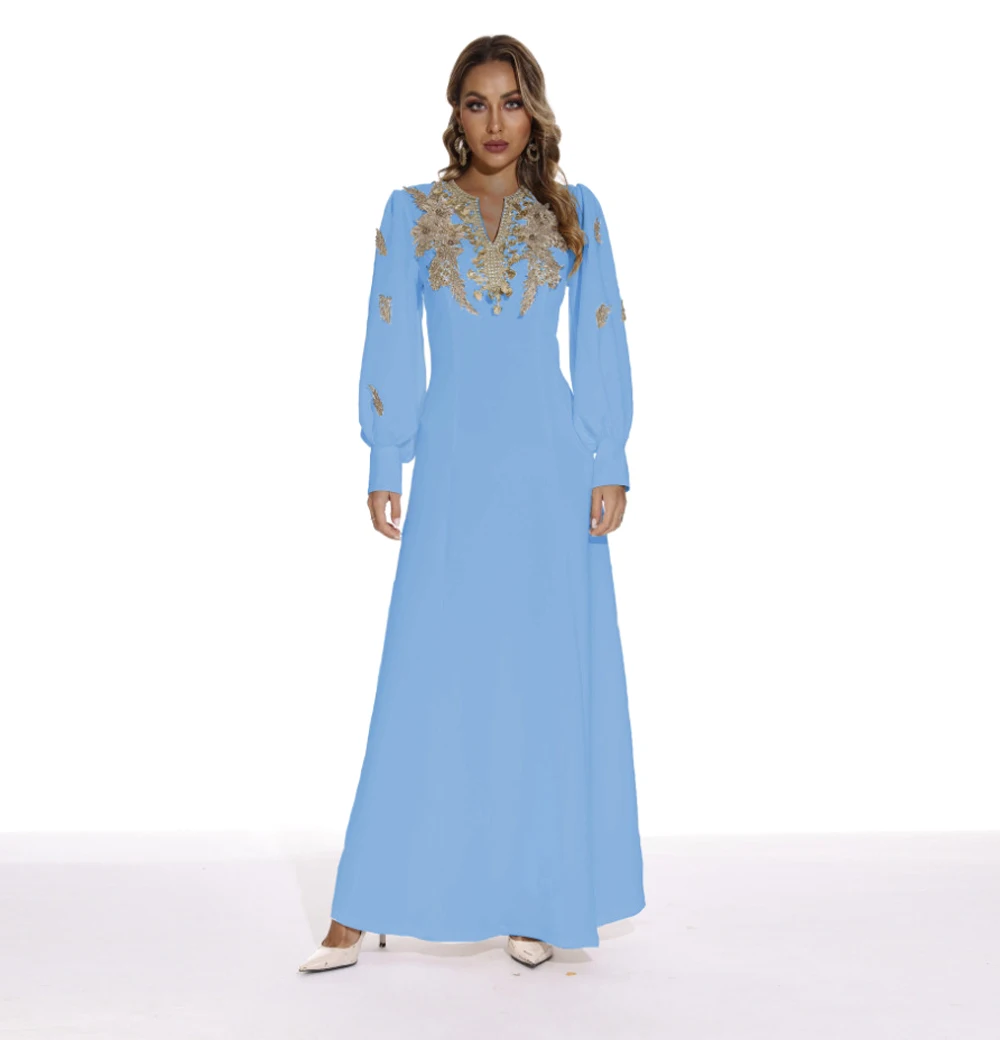 Women's Evening Gown Sexy V Neck Long Lantern Sleeves Embroidery Elegant A Line Fashion Designer Maxi Vestidos