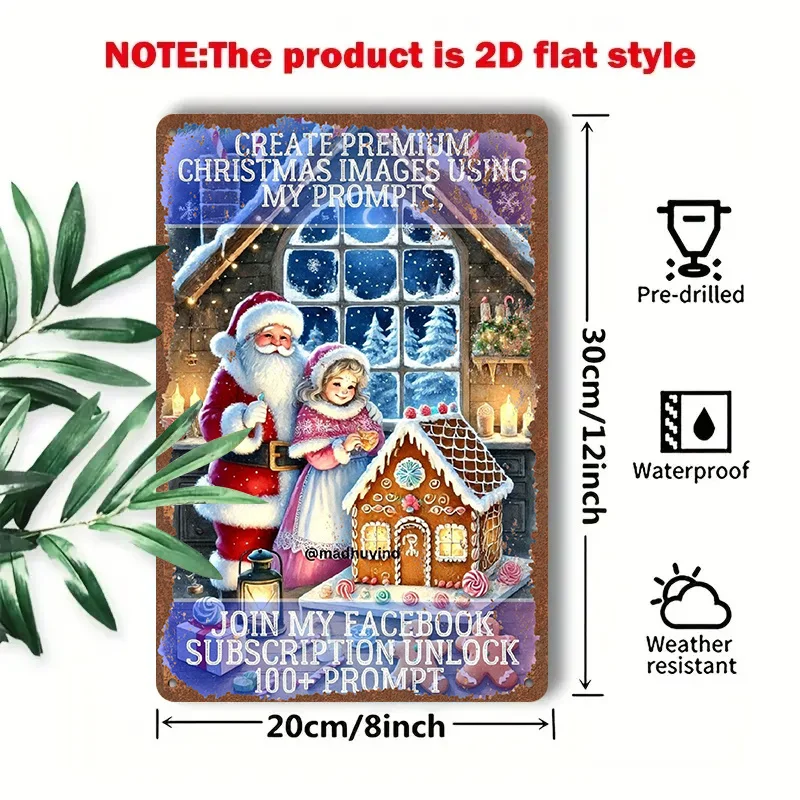 2D Flat, 1pc 2D [Flat] Metal Sign, Vintage Tin Painting Christmas Decoration, 8x12 Inches / 20x30cm, Depicting a Scene of Santa